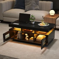 High Gloss Coffee Table with App-Controlled LED Light Strip, Functional Center Table with 2 Soft-Close Acrylic Cabinets, 39.5" L x 19.5" W x 17" H, Black(m-1)