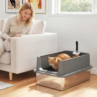 PawHut XL Stainless Steel Cat Litter Box for Big and Multiple Cats with High Wall Side, Scoop, Easy Cleaning & Odor Free(m-1)