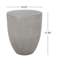 Outdoor Concrete Side Table with Subtly Fluted Cylindrical Base, Boho Fluted Cylindrical Accent with Soft Wave Edge, 14'' L x 14'' W x 17.5'' H, Natural(m-3)
