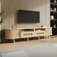 Modern TV Stand with 2 Rattan Drawers and 2 Sliding Doors, Rounded-Corner TV Cabinet with Centre Rattan Panel, 65" L x 15.5" W x 15.5" H, Natural(m-1)