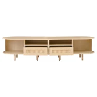 Modern TV Stand with 2 Rattan Drawers and 2 Sliding Doors, Rounded-Corner TV Cabinet with Centre Rattan Panel, 65" L x 15.5" W x 15.5" H, Natural(m-11)