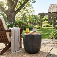 Outdoor Lightweight Concrete Side Table with Fluted Cylindrical Base, Modern Accent Table with Soft Wave Edge, 15.5'' L x 15.5'' W x 16'' H, Matte Black(m-1)