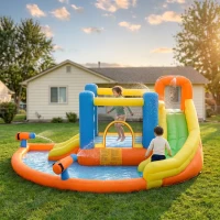 Outsunny 5-in-1 Kids Inflatable Bounce House Jumping Castle with Water Pool, Slide, Climbing Walls & 2 Water Guns(m-2)