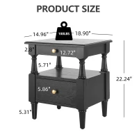 Wooden Nightstand with Drawers and Open Shelf, Natural-Textured Bedside Table with Non-Slip Feet, 19'' L x 15'' W x 22.5'' H, Black(m-3)