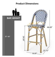 PE Rattan Counter Chairs with Rust‑Resistant Aluminium Frame, Set of 2 Outdoor Barstool with Bamboo‑Print Finish, 18'' L x 24.5'' W x 45.5'' H, White+Blue(m-3)