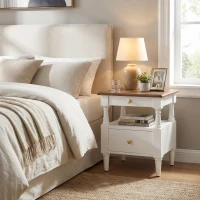 Modern Wooden Nightstand with Drawers and Open Shelf, Solid Wood Bedside Table with Non-Slip Rubber Feet, 19'' L x 15'' W x 22.5'' H, Milk White(m-7)