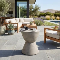 Outdoor Side Table with Highly Durable Structure, Lightweight Accent Table with Concrete Construction, 15'' L x 15'' W x 19'' H, Light Grey(m-5)