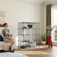 PawHut 4-Tier DIY Large Cat Cage with Hammock, Platforms, Ramps, Accessories for 1-3 Cats, Indoor Use, Black(m-1)