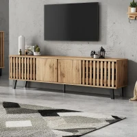 Modern Vintage TV Stand for 65-Inch TV with Perforated Side Doors, Spacious TV Cabinet with 8 Shelves, 39.5" L x 19.5" W x 17" H, Natural(m-1)