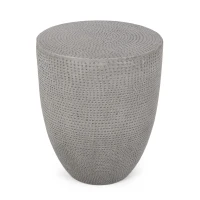 Outdoor Concrete Side Table with Subtly Fluted Cylindrical Base, Boho Fluted Cylindrical Accent with Soft Wave Edge, 14'' L x 14'' W x 17.5'' H, Natural(m-2)