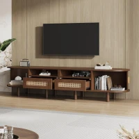 Modern TV Stand with 2 Rattan Drawers and 2 Sliding Doors, Rounded-Corner TV Cabinet with Centre Rattan Panel, 65" L x 15.5" W x 15.5" H, Walnut(m-1)