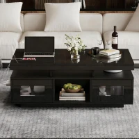 High Gloss Coffee Table with App-Controlled LED Light Strip, Functional Center Table with 2 Soft-Close Acrylic Cabinets, 39.5" L x 19.5" W x 17" H, Black(m-8)