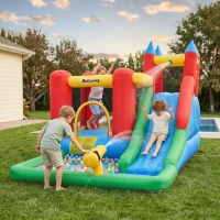 Outsunny Kids Bounce House Inflatable Slide with Splash Pool, Water Cannon, Climbing Wall, Inflator Included, 6 in1 Bouncy Castle Kids Backyard Activity Outdoor Water Play Toy(m-11)