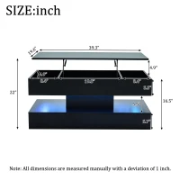 Modern Lift-Up Coffee Table with Bluetooth App-Controlled RGB Lights, Functional Center Table with Hidden Storage, 39.5" L x 19.5" W x 22" H, Black(m-3)