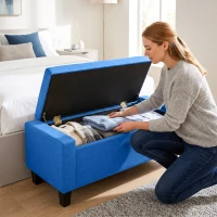 HOMCOM Storage Ottoman, Storage Bench with Wooden Legs, Tufted Armrests for Entryway, Living Room, Bedroom, 36.6", Blue(m-8)