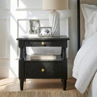 Wooden Nightstand with Drawers and Open Shelf, Natural-Textured Bedside Table with Non-Slip Feet, 19'' L x 15'' W x 22.5'' H, Black(m-1)