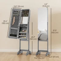 HOMCOM Standing Mirror Jewelry Cabinet, Jewelry Storage Cabinet with LED Lights and Angle Adjustable Full Length Mirror, Grey(m-3)