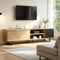 65-Inch Modern TV Stand with Geometric Diagonal Carved Door, Stylish TV Cabinet with Low-Profile Design, 65" L x 15.5" W x 19.5" H, Natural(m-1)