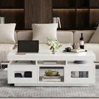 High Gloss Coffee Table with App-Controlled LED Light Strip, Functional Center Table with 2 Soft-Close Acrylic Cabinets, 39.5" L x 19.5" W x 17" H, White(m-8)