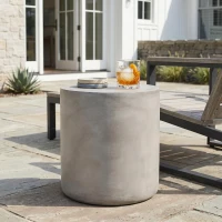 Outdoor Round Side Table with Lightweight Concrete, Patio Accent Table with Durable Smooth Finish, 15.5'' L x 15.5'' W x 16'' H, Light Grey(m-4)