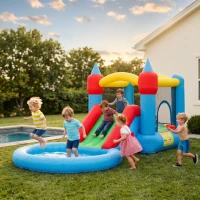 Qaba 4 in 1 Inflatable Bounce House with Slide, Basketball Hoop, Ball Pit, 370W Blower, Storage Bag, 163" x 81" x 75"(m-2)