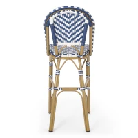 Set of 4 Outdoor Bar Stools with Rust‑Resistant Flat-Wicker construction, Rattan Bar Chairs with Aluminium Frame, 18'' L x 24.5'' W x 45'' H, White+Blue(m-13)
