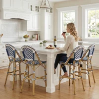 PE Rattan Counter Chairs with Rust‑Resistant Aluminium Frame, Set of 2 Outdoor Barstool with Bamboo‑Print Finish, 18'' L x 24.5'' W x 45.5'' H, White+Blue(m-6)