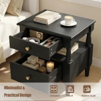 Set of 2 Black Wooden Nightstands with Drawers and Open Shelf, Textured Bedside Tables with Non-Slip Rubber Pads, 19'' L x 15'' W x 22.5'' H, Black(m-4)