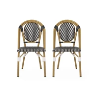 Weather-Resistant Dining Chairs with Lightweight Aluminum Frame, Set of 2 Bistro Chairs with Bamboo-Print Finish, 18.5'' L x 21.5'' W x 34.5'' H, White+Black(m-8)