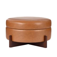 Round Storage Ottoman with Tufted Fabric Upholstery, Multi-Functional Coffee Table with Solid Wood Legs, 32'' L x 32'' W x 17.5'' H, Brown(m-2)