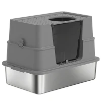 PawHut XL Stainless Steel Litter Box w/ 100° Flip Top, Scoop, Side Top Dual Entry, Odor Free, Easy Cleaning, Anti Leakage(m-2)