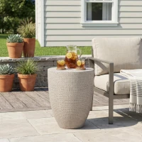 Outdoor Concrete Side Table with Subtly Fluted Cylindrical Base, Boho Fluted Cylindrical Accent with Soft Wave Edge, 14'' L x 14'' W x 17.5'' H, Natural(m-1)