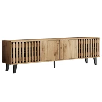 Modern Vintage TV Stand for 65-Inch TV with Perforated Side Doors, Spacious TV Cabinet with 8 Shelves, 39.5" L x 19.5" W x 17" H, Natural(m-9)