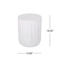Outdoor Concrete Side Table with Subtly Fluted Cylindrical Base, Cylindrical Accent Table with Soft Wave Edge, 15'' L x 15'' W x 18'' H, Antique White(m-3)