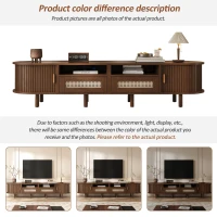 Modern TV Stand with 2 Rattan Drawers and 2 Sliding Doors, Rounded-Corner TV Cabinet with Centre Rattan Panel, 65" L x 15.5" W x 15.5" H, Walnut(m-5)