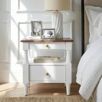 Modern Wooden Nightstand with Drawers and Open Shelf, Solid Wood Bedside Table with Non-Slip Rubber Feet, 19'' L x 15'' W x 22.5'' H, Milk White(m-1)