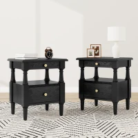 Set of 2 Black Wooden Nightstands with Drawers and Open Shelf, Textured Bedside Tables with Non-Slip Rubber Pads, 19'' L x 15'' W x 22.5'' H, Black(m-9)