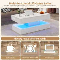 Modern Lift-Up Coffee Table with Bluetooth App-Controlled RGB Lights, Functional Center Table with Hidden Storage, 39.5" L x 19.5" W x 22" H, White(m-4)
