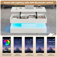 Modern Lift-Up Coffee Table with Bluetooth App-Controlled RGB Lights, Functional Center Table with Hidden Storage, 39.5" L x 19.5" W x 22" H, White(m-6)