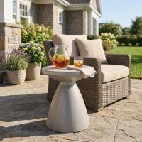 Outdoor Concrete Side Table with Subtly Fluted Cylindrical Base, Fluted Cylindrical Accent Table with Soft Wave Edge, 18'' L x 18'' W x 20.5'' H, Light Grey(m-1)