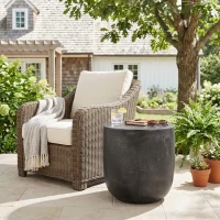 Outdoor Lightweight Concrete Side Table with Fluted Cylindrical Base, Modern Accent Table with Soft Wave Edge, 15.5'' L x 15.5'' W x 16'' H, Matte Black(m-4)