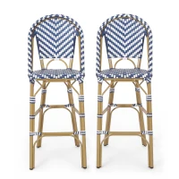 PE Rattan Counter Chairs with Rust‑Resistant Aluminium Frame, Set of 2 Outdoor Barstool with Bamboo‑Print Finish, 18'' L x 24.5'' W x 45.5'' H, White+Blue(m-12)