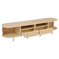 Modern TV Stand with 2 Rattan Drawers and 2 Sliding Doors, Rounded-Corner TV Cabinet with Centre Rattan Panel, 65" L x 15.5" W x 15.5" H, Natural(m-10)