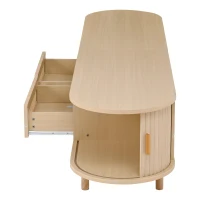 Modern TV Stand with 2 Rattan Drawers and 2 Sliding Doors, Rounded-Corner TV Cabinet with Centre Rattan Panel, 65" L x 15.5" W x 15.5" H, Natural(m-9)