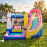 Outsunny Inflatable Water Slide Bounce House with Trampoline, Climbing Wall, Water Cannon, Basketball Hoop, Splash Pool, 450W Blower, Unicorn Themed Bouncy House for Kids 3-8 Years Old(m-2)