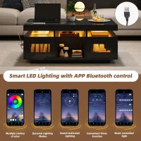 High Gloss Coffee Table with App-Controlled LED Light Strip, Functional Center Table with 2 Soft-Close Acrylic Cabinets, 39.5" L x 19.5" W x 17" H, Black(m-7)