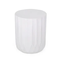 Outdoor Concrete Side Table with Subtly Fluted Cylindrical Base, Cylindrical Accent Table with Soft Wave Edge, 15'' L x 15'' W x 18'' H, Antique White(m-9)