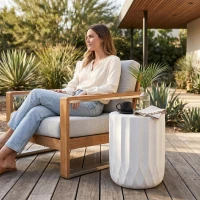 Outdoor Concrete Side Table with Subtly Fluted Cylindrical Base, Cylindrical Accent Table with Soft Wave Edge, 15'' L x 15'' W x 18'' H, Antique White(m-1)