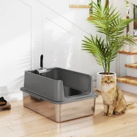 PawHut XL Stainless Steel Cat Litter Box for Big and Multiple Cats with High Wall Side, Scoop, Easy Cleaning & Odor Free(m-8)