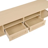 Modern TV Stand with 2 Rattan Drawers and 2 Sliding Doors, Rounded-Corner TV Cabinet with Centre Rattan Panel, 65" L x 15.5" W x 15.5" H, Natural(m-8)
